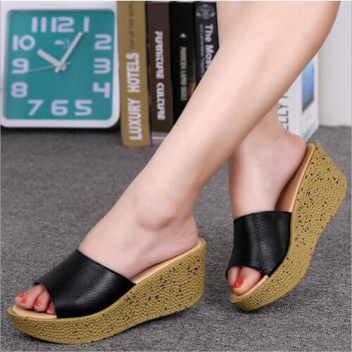 Genuine Leather platform sandals women solid color flip flops ladies sexy open toe high heel sandals ladies muffin slippers