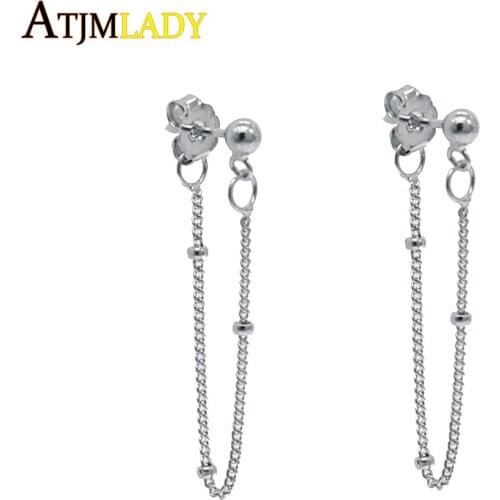 100% 925 sterling minimal mini ball beaded gold filled jewelry with tiny long Tassel chain girls delicate dainty stud earring