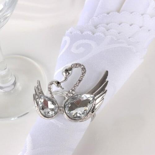 Wedding Favors Silver Plating with Clear Crystals Jeweled Double Swans Design Metal Alloy Napkin Ring