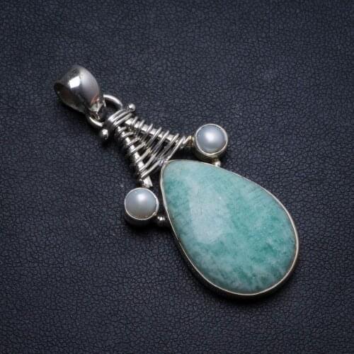 Natural Amazonite and River Pearl Handmade Unique 925 Sterling Silver Pendant 2" X1461