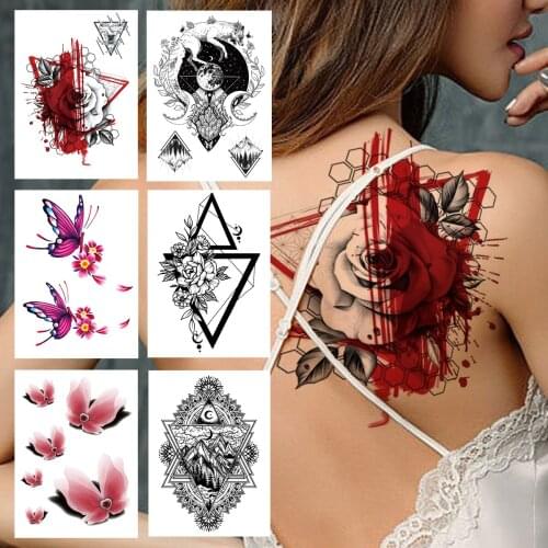 Geometry Rose Flower Temporary Tattoos For Women Girl Fake Butterfly Tattoo Sticker Triangle Mountain Moon Back Tatoo Waterproof