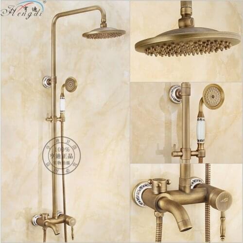 Bathroom Retro antique copper Brass Shower Set Wall Mounted Phone Ceramic Handheld Mixer Tap Faucet 3-functions Mixer Valve