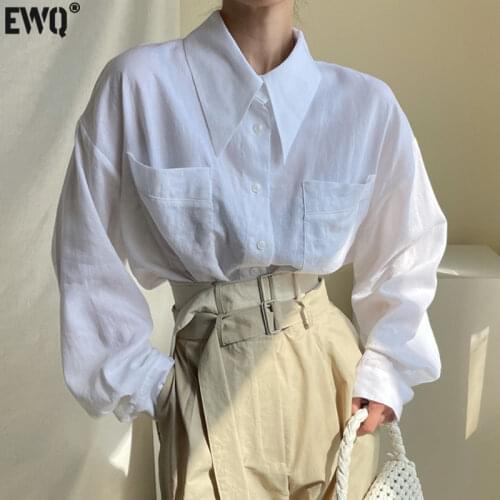 [EWQ] Korea Chic Casual Trend Women Lapel Single-breasted Fashion Simple Double-pocket Long-sleeved Shirt Top Autumn 2021 6E2309