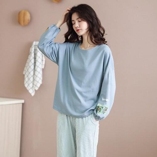 Ladies pajamas, cotton long-sleeved spring and autumn home wear, Korean striped plus size casual womens pajamas set