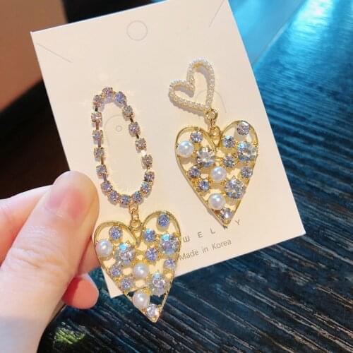 Luxury Korean Hollow Heart Crystal Drop Earrings For Women Fashion Asymmetric Pearl Beads Jewelry Pendientes Mujer