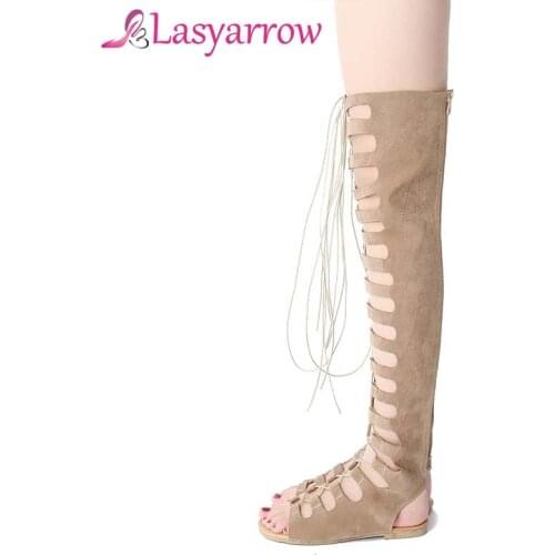 Lasyarrow Women Sandals 2019 Summer Flats Sexy Thigh High boots Gladiator Sandals Fashion Designer Hollow Lace Up Casual Shoes