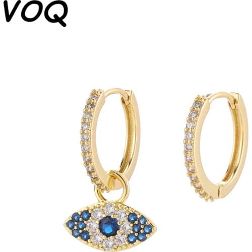 VOQ 925 Sterling Silver Micro Zircon Eye Earrings Asymmetric Charms Hoop Earrings For Women Man Girls Jewelry