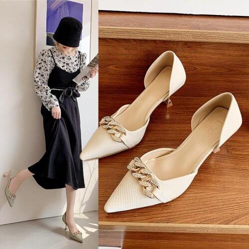 Women Shoes 2021 Spring Pumps Gold Heels Latest Shallow Mouth Slip On Work Dress Professional Sandals Ladies Pointed Wedge Lace