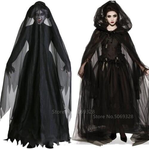 Witch Women Scary Zombie Vampire Halloween Costume Horror Spooky Ghost Sexy Dress+Colak Medieval Hooded Cape Day Of The Dead