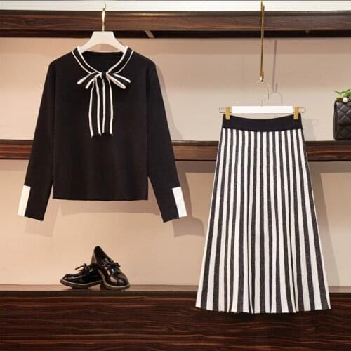 Large Size Womens dress Autumn winter long sleeve bow tie striped dress knitted sweater Suit skirt two-piece suit drress 2019