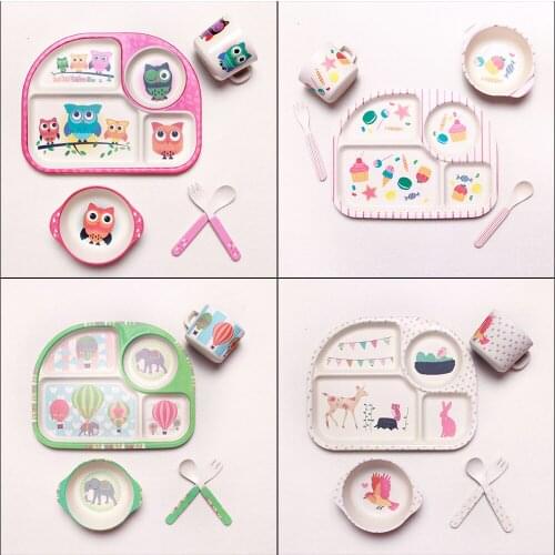 5Pcs/Set Childrens Tableware Feeding Bowl Fork Spoon Cup Lovely Portable Dishes Kindergarten Bamboo Fiber Cartoon Baby Plate