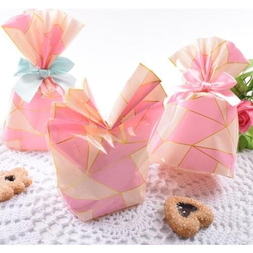 50pcs 14*20cm Pink Wedding Candy Cookie Gift Bag Self Stand Holder Cupcake Biscuit Hand Made DIY Christmas Plastic Packaging Ba