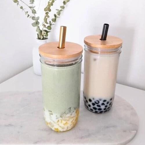 500/900ML Mason Jars for Drinking Cup Bubble Tea with Bamboo Lid Reusable Glass Boba Smoothie Cup with Stainless Steel Straw