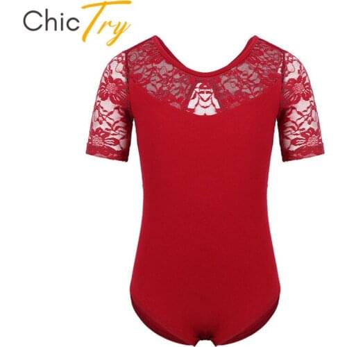 ChicTry Kids Teens Floral Lace Short Sleeve Ballet Leotard Girls Gymnastics Leotard Bodysuit Child Practice Stage Dance Costume