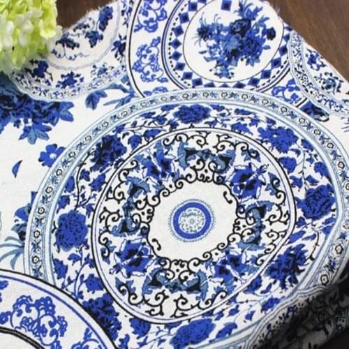 Graceful Traditional Blue Porcelain Circle Flowers Printed Cotton Linen Fabric 48x150cm