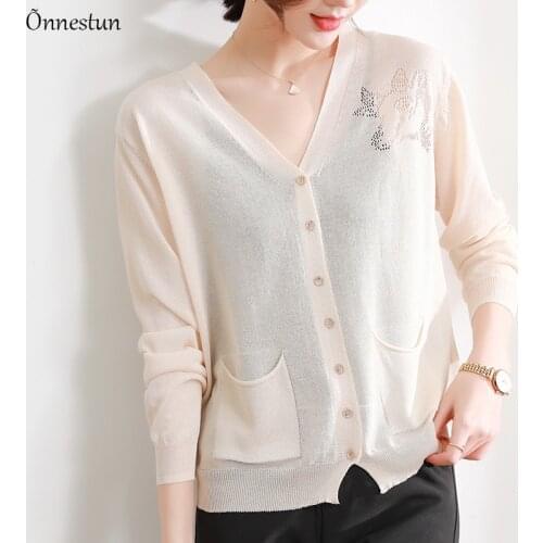 Thin Sweater Women New 2021 Spring Summer Long Sleeve Sweater Cardigan Solid V Neck Floral Hollow Knitwear Cardigans