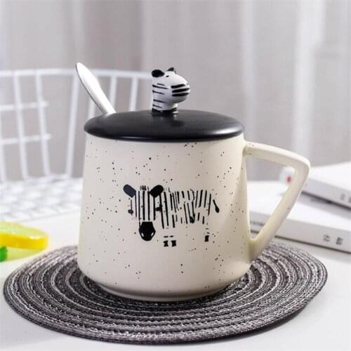 480 ml Zebra Mugs With Cover Spoon Creative Ceramic Coffee Breakfast Milk Water Mug Porcelain Cup Home Drinkware Glasses Gift