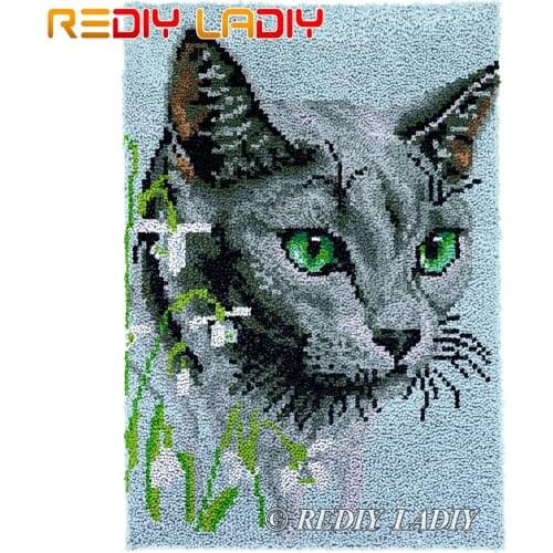Latch Hook Rug Green Eyes Cat Plush Tapestry Kits DIY Carpet Rug Chunky Yarn Arts & Crafts Crochet Floor Mat Home Decor 60*85cm