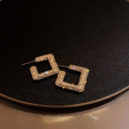 Gold Color Metal Hoop Earrings for Women Rhinestone Square Shape Geometric Earring 2021 Trendy New Fashion Simple Jewelry