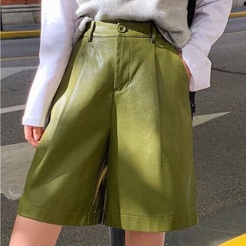 Fashion PU Leather Shorts Womens High Waist Bermuda Faux Leather Short Pants Loose Green Black Street Wear Plus Size Shorts