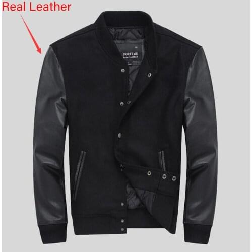 School College Team Quilted Varsity Jacket Men Leather Sleeves Wool Baseball Letterman Coat Black Color
