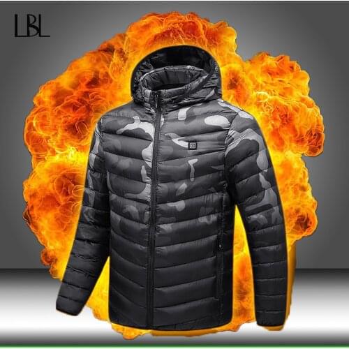 USB Electric Heating Jackets Men Parka Winter Warm Thermal Windproof Hooded Hat Removable Coat Male Outdoor Heated New Overcoat
