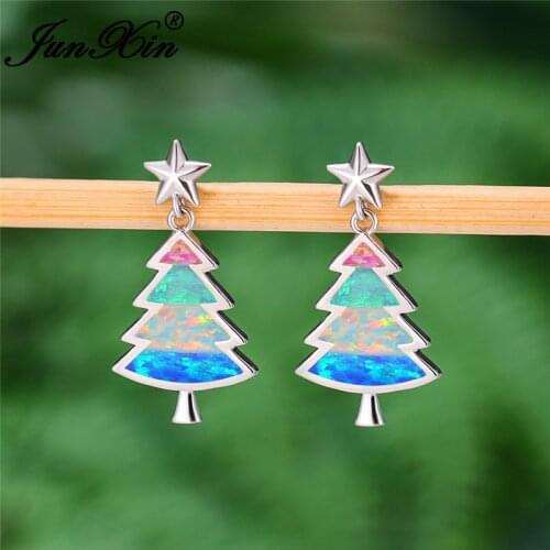 Girls Unique Christmas Tree Ear Stud Earring Silver Color Mystic Rainbow Fire Opal Cute Star Earrings For Women Wedding Jewelry