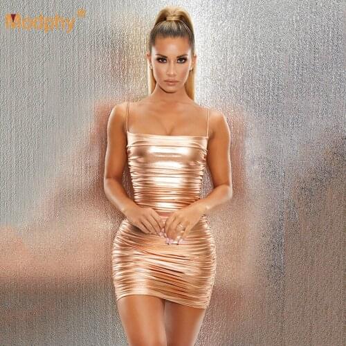 Autumn Fashion Bronzing Bodycon Party Dress Dress 2020 Sexy Sleeveless Spaghetti Leather Strap Backless Pleated Dress Vestidos