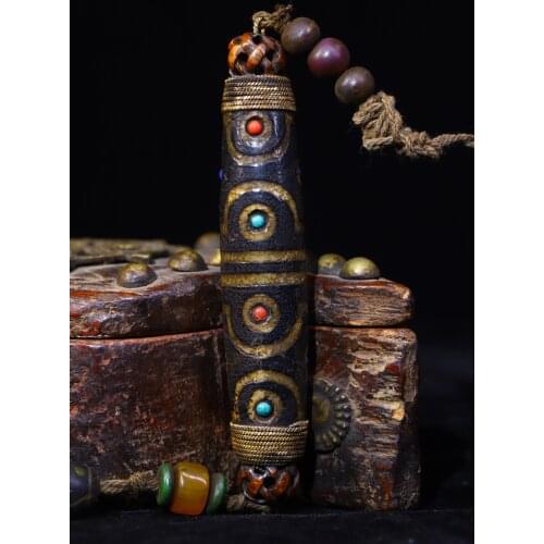 Old Natural agate Filigree Gilt mosaic gem Nine Eyes Dzi Bead Pendant Town House Exorcism Ward off evil spirits
