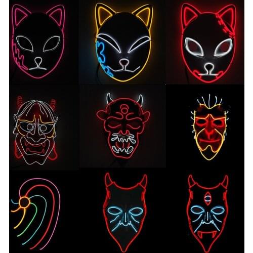 Glowing Japanese Cartoon LED Mask Cosplay Demon Slayer Obito Horror Devil Hannya EL Wire Mask For Halloween Party Decoration