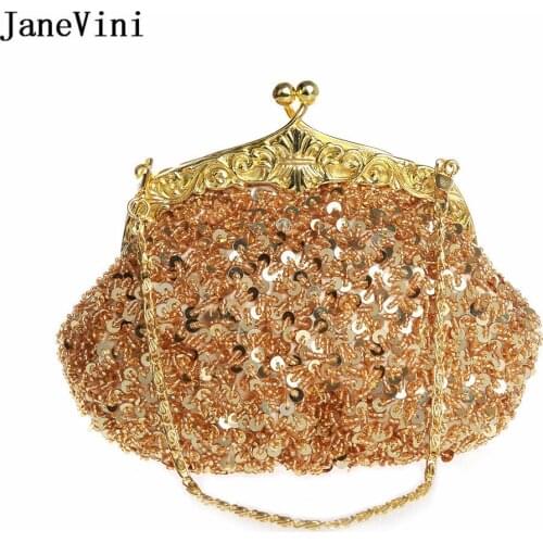 JaneVini Vintage Bling Sequins Beading Ladies Clutch Bag Women Evening Party Purse Silver Gold Bridal Chain Shoulder Handbags