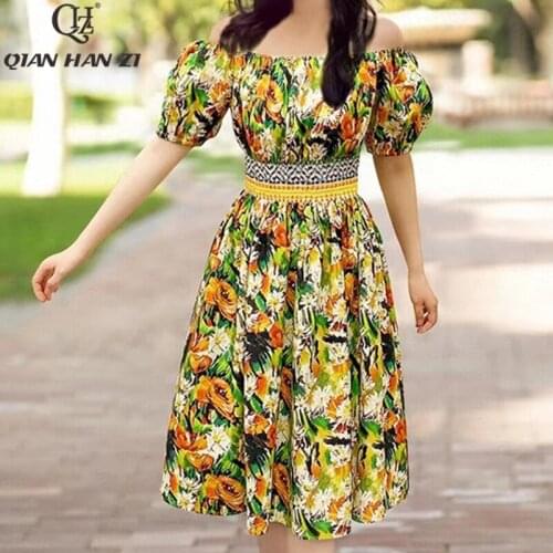 Qian Han Zi vintage Palace style cotton summer dress Womens Slash neck Painted flower print elastic waist fashion dress