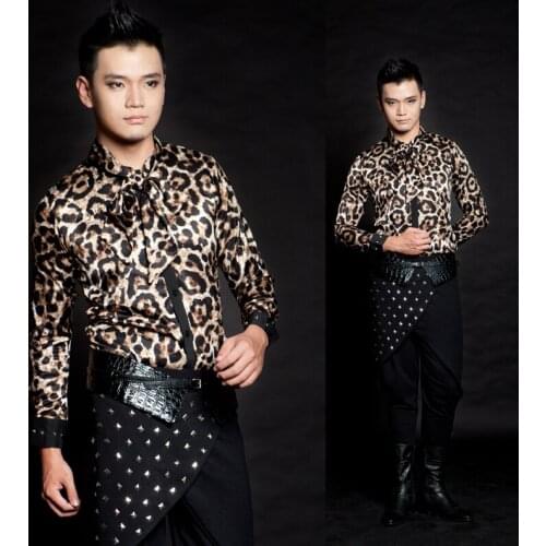 Vintage Fashion British Style ! Mens Clothing Fashion Leopard Print Rivet Slim Long-sleeve Shirt Stage Costumes / S-xxl