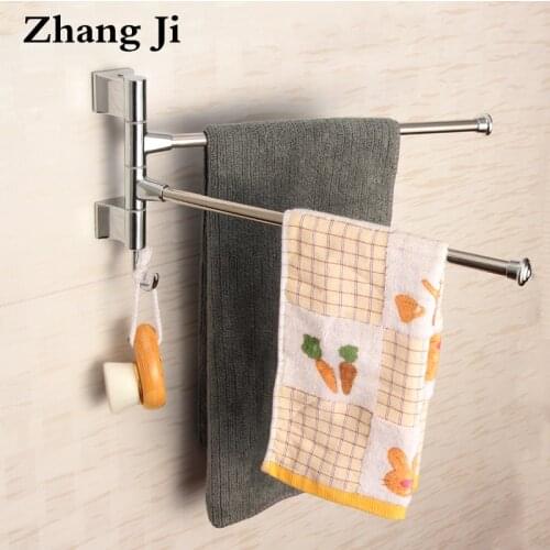 ZhangJi Stainless Steel Bath Towel Holder Double Towel Bar Bathroom Accessories Hooks Wall Mounted Adjustable Swivel Towel Rack
