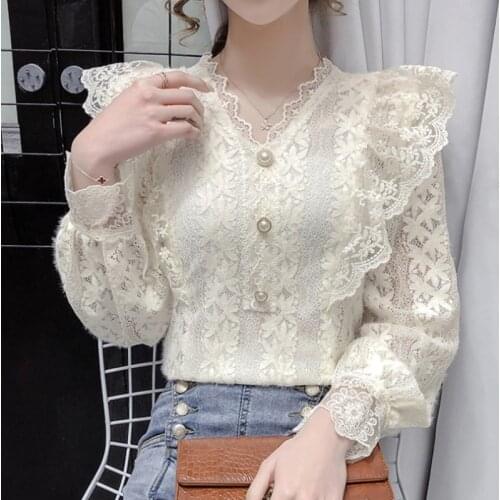 #2017 Spring Lace Blouse Women V Neck Buttons Spliced Ruffles Sexy Office Basic Womens Tops And Blouses Hollow Out Thin Workwear