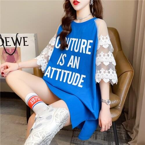 Lace Lace New Fashion Loose Blue White Black Casual Wild Round Neck Letter Printing Mesh Stitching T-shirt 2021 Summer Women