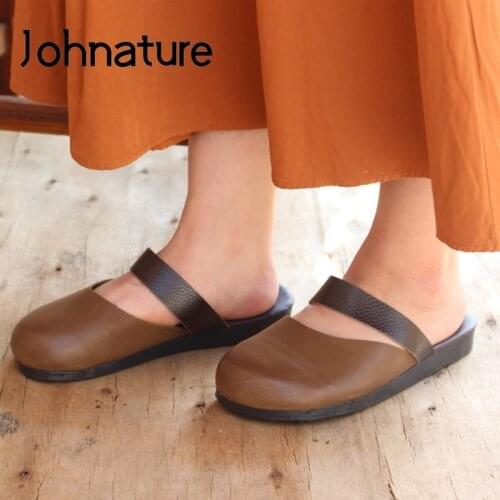 Johnature Summer Slippers Women Shoes 2021 New Genuine Leather Slides Outside Flat With Handmade Concise Leisure Ladies Sandals