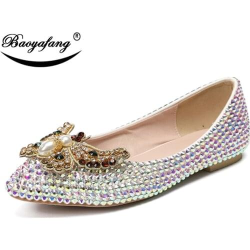 BaoYaFang AB CRYSTAL 1CM Low Heel Bling Wedding shoes Woman Pointed Toe Party dress shoes Shallow fashion shoes