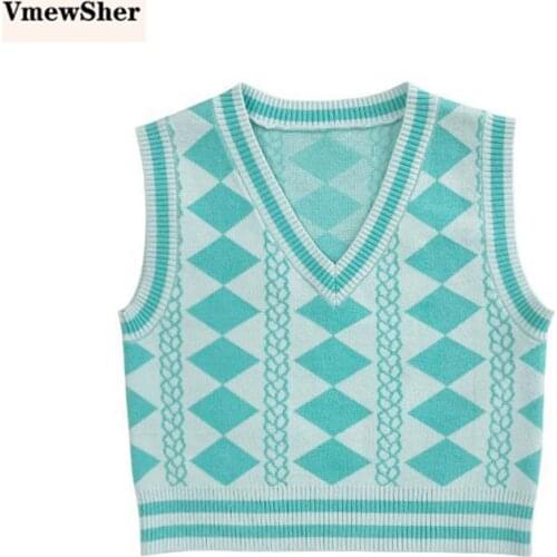 VmewSher New Argyle Sweater Vest Women Casual V-neck Short Knitted Pullover Plaid Sleeveless Preppy Style Spring Slim Crop Tops