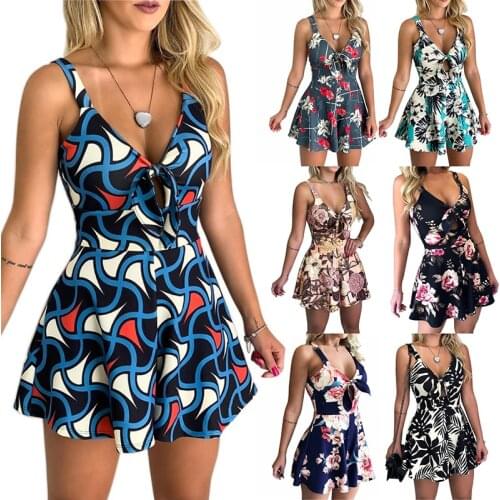 Summer Womens Straps Chest Bow Tie Printed Loose Romper Dress Floral Jumpsuit Shorts Strap Playsuit