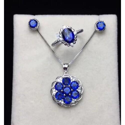 100% Natural Tanzanite Jewelry Sets For Women Fine Jewelry 925 Silver Ring Stud Earrings Pendants Luxury Gemstone CCS001-4