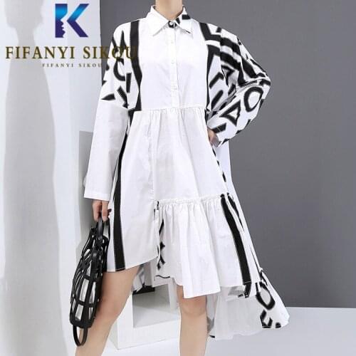 White Shirt Dress Women Letter Print Fashion Spliced Long Sleeve Dress Asymmetry Loose Lapel Mid Long Dress Female 2021 New