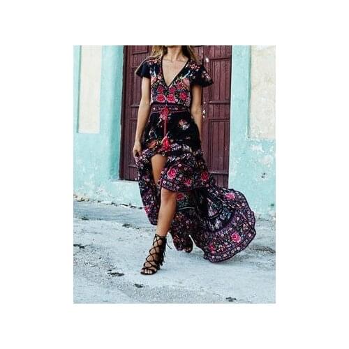 Summer Women Min-Calf Dress V-Neck Vintage Boho Long Dress with Sashes Party Beach Gown Floral Bohemian Maxi Dresses S-XL