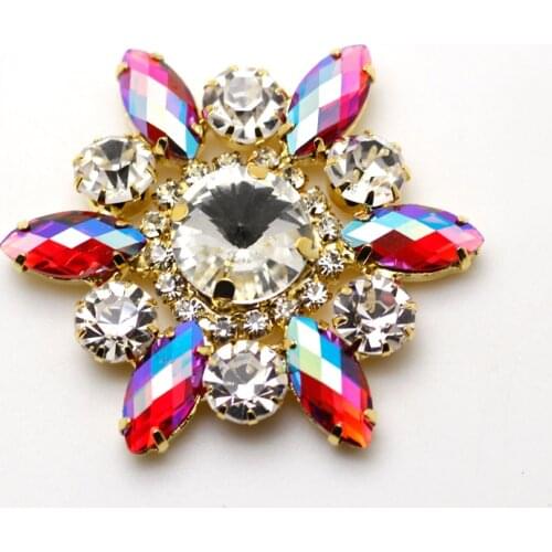 1pcs 50mm Colorful Flower Shape Sew On Rhinestone With Claw Setting Gold Base Fancy Stone Rhinestone applique For Wedding Dress