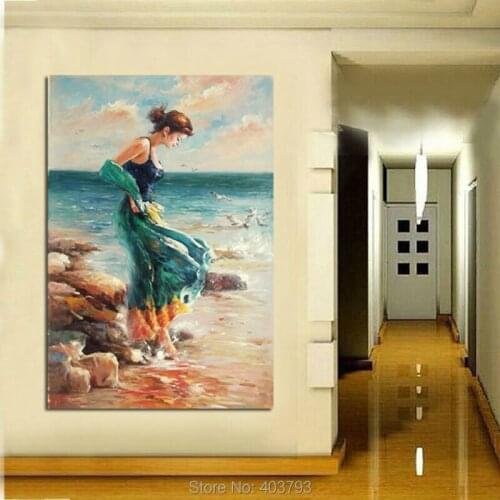 100% Handpainted Abstract Art Canvas Oil Painting Figure Woman Walking on Beach Home Decoration Unique Gift