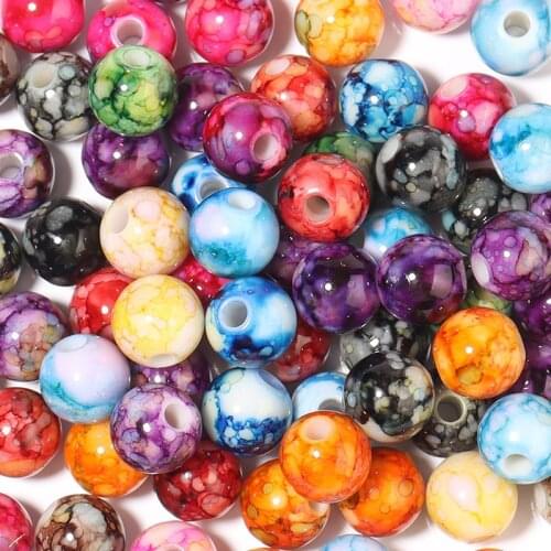 100PCS 8MM Acrylic Cracked Colorful Flower Beads Imitation Ceramic Pattern Effect Round Beads Straight Hole Bracelet Beaded
