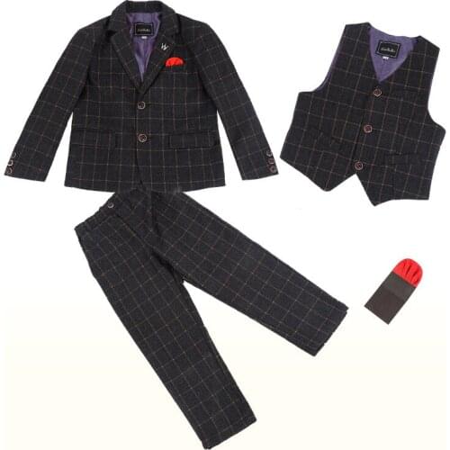 Gentleman Children Graduation Party Costume Flower Boys Wedding Suit Kids Plaid Jacket+Vest+Pants 3Pcs Tuxedo Clothing Set