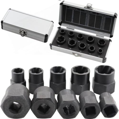 10Pcs/Set Bolt Extractor Removal-Set Nut-Screw-Remover Threading Hand Tools Kit Nut Removal Socket Tool 9-19mm With Aluminum Box