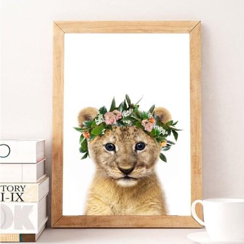 Baby Lion Poster Print Flower Crown Wreath Nursery Animals Wall Art Canvas Painting Safari Animal Picture Girls Room Wall Decor