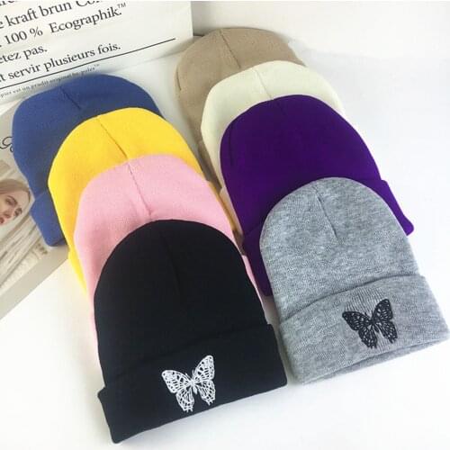 Korean Winter Knitted Beanie Hats Butterfly Embroidery Warm Ski Womens Hat Outdoor Skullies Caps Soft Cap Bonnet Men Women